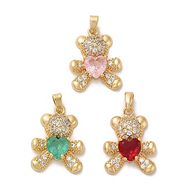 Brass Micro Pave Cubic Zirconia Pendants, Glass Bear Charms, Real 18K Gold Plated