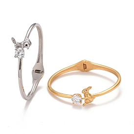 Clear Cubic Zirconia Rabbit Cuff Bangle, 304 Stainless Steel Hinged Open Bangle for Women, Ion Plating(IP)