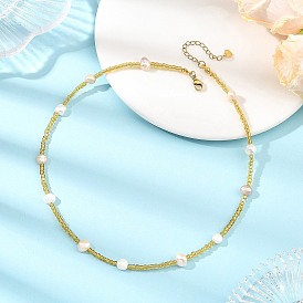 Potato Natural Cultured Freshwater Pearl and Glass Seed Beads Beaded Necklaces, Golden