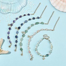 Pulseras con dijes de estrella de mar de latón con micro pavé de circonitas cúbicas transparentes, Pulseras con pepitas de piedras preciosas mixtas naturales y perlas de agua dulce., mezclado teñido y sin teñir
