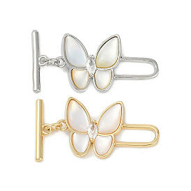 Brass Micro Pave Clear Cubic Zirconia Toggle Clasps, with Shell & Enamel, Butterfly