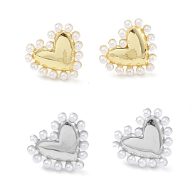 Heart Rack Plating Brass Stud Earrings for Women, with Plastic Pearl Bead, Long-Lasting Plated, Lead Free & Cadmium Free