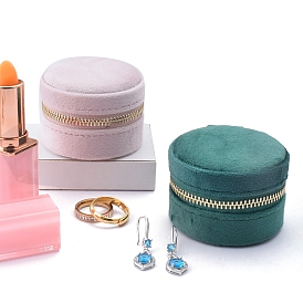 Mini caja de almacenamiento de terciopelo de viaje para mujer., Organizador de joyeros redondo y portátil para pendientes y anillos., con cremallera y espejo