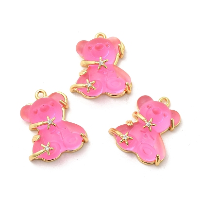 Transparent Resin Crystal Rhinestone Pendants, Bear Charms, with Rack Plating Real 14K Gold Plated Brass Findings, Long-Lasting Plated, Cadmium Free & Lead Free