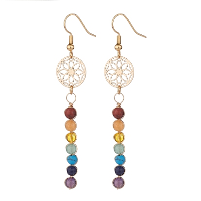 Lotus Flat Round with Stone Tassel Long Dangle Earrings for Women, 7 Chakra Mixed Stone Beads Tassel Drop Earrings, Wire Wrap Long Drop Earrings