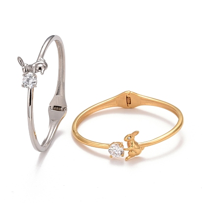 Clear Cubic Zirconia Rabbit Cuff Bangle, 304 Stainless Steel Hinged Open Bangle for Women, Ion Plating(IP)