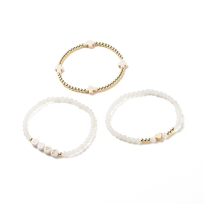 3 шт. 3 комплект эластичных браслетов из натурального белого нефрита и синтетической бирюзы (окрашенной) и гематита из бисера, слово любовь браслеты с сердцем и крестом для женщин