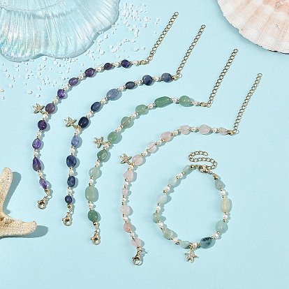 Pulseras con dijes de estrella de mar de latón con micro pavé de circonitas cúbicas transparentes, Pulseras con pepitas de piedras preciosas mixtas naturales y perlas de agua dulce., mezclado teñido y sin teñir