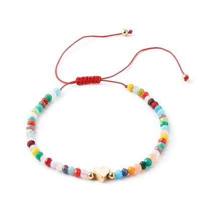 Nylon Thread Braided Bead Bracelets, with Imitation Jade Glass Beads, Brass Beads, Heart
