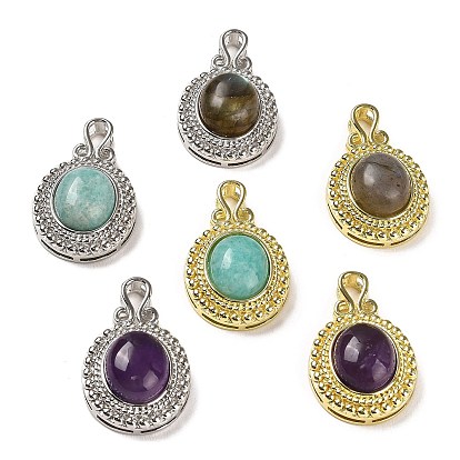 Natural Gemstone Pendants, Oval Charms with Rack Plating Brass Findings, Cadmium Free & Lead Free