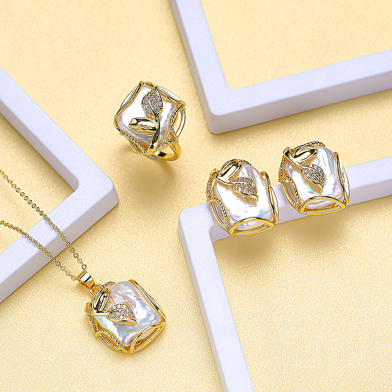 Ожерелья с подвесками из натурального пресноводного жемчуга, серьги-гвоздики и комплекты колец, комплекты ювелирных изделий из латуни, прямоугольник с цветочным узором