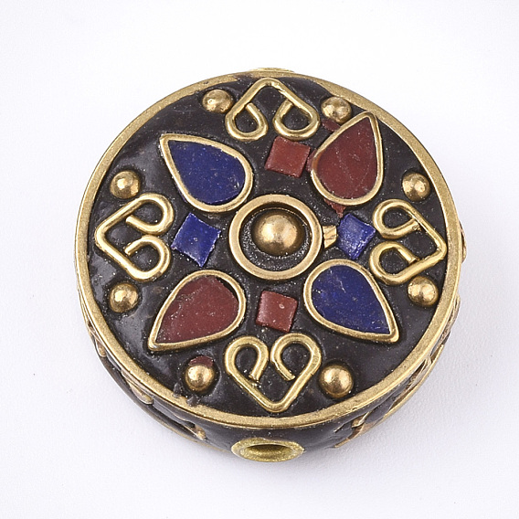Handmade Indonesia Beads, with Brass Findings, Flat Round, Golden
