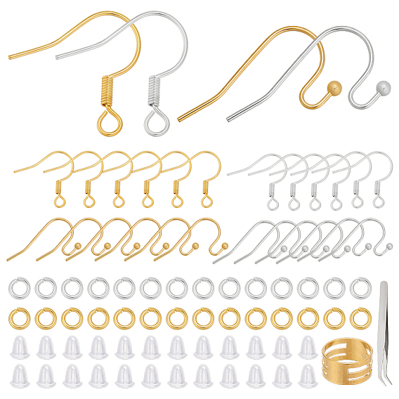 Набор для самостоятельного поиска сережек, включая латунные открытые соединительные кольца и крючки для сережек, пластиковые гайки для ушей, пинцет из нержавеющей стали, медные кольца