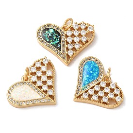 Rack Plating Brass Micro Pave Clear Cubic Zirconia Pendants, with Opal, Cadmium Free & Lead Free, Long-Lasting Plated, Real 18K Gold Plated, Heart