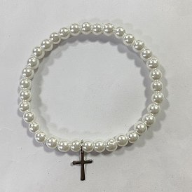 304 Stainless Steel Cross Charm Bracelets, Glass Pearl Round Beads Stretch Bracelets for Women