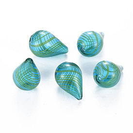 Transparent Handmade Blown Glass Globe Beads, Stripe Pattern, Teardrop