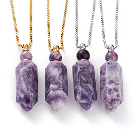 Natural Amethyst Openable Perfume Bottle Pendant Necklaces, with 304 Stainless Steel Box Chains and Plastic Dropper, Bullet