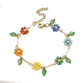 Glass Seed & Acrylic & Brass Beads Bracelets, Flower