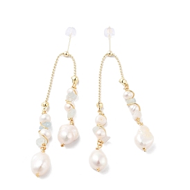 Natural Pearl Dangle Stud Earrings, with Brass Findings and 925 Sterling Silver Pins, Oval