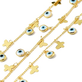 Handmade Brass Curb Chains, with Butterfly & Glass Evil Eye Charm, Long-Lasting Plated, Soldered, with Spool, Golden