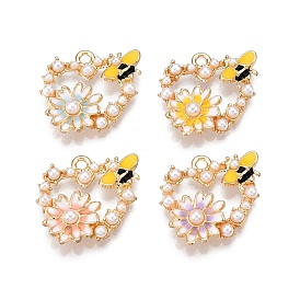 Стойки обшивки сплава эмали подвески, с ABS имитации жемчуга, без кадмия, без никеля и без свинца, золотой свет, подвеска в виде сердца с цветком и пчелой