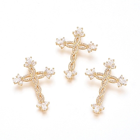 Brass Micro Pave Clear Cubic Zirconia Pendants, Long-Lasting Plated, Cross
