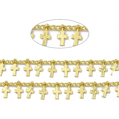 Handmade Brass Curb Chains, with Cross  Charms, Soldered, with Spool