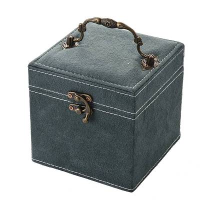 Velvet Jewelry Boxes, Portable Jewelry Storage Case, with Alloy Handle, for Ring Earrings Necklace, Square