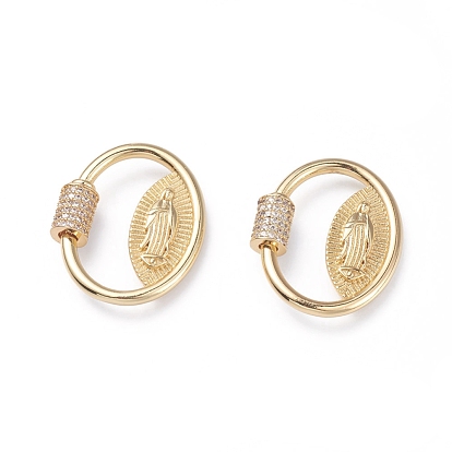 Latón micro pave cubic zirconia tornillo mosquetón cerradura encantos, para hacer collares, oval con virgen maría