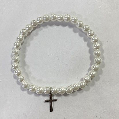 304 Stainless Steel Cross Charm Bracelets, Glass Pearl Round Beads Stretch Bracelets for Women