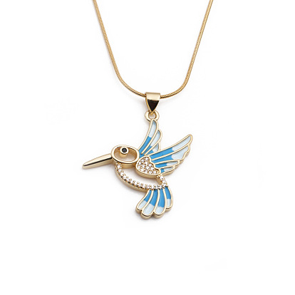 Copper Zirconia Oil-Dripping Bird DIY Jewelry Couple Pendant Lucky Bird Necklace Women's European and American Style