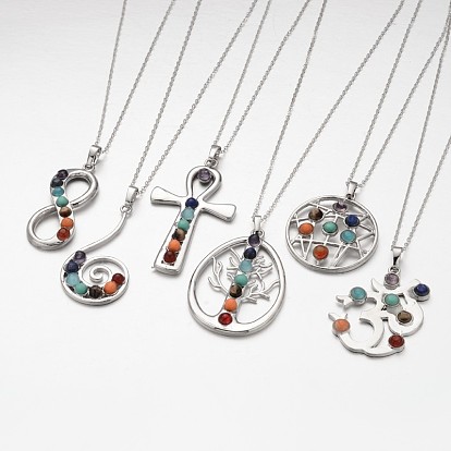 Platinum Plated Vintage Chakra Jewelry Brass Gemstone Pendant Necklaces, Mixed Style, with Cable Chains, 18 inch