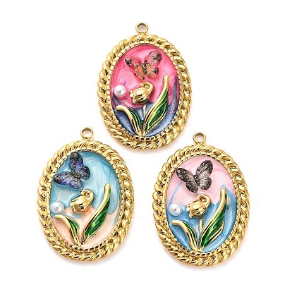 304 нержавеющей стальной эмали подвески, Со смолой и имитацией жемчуга, Овальный с цветком и бабочкой, ионное покрытие (ip), реальный 18 k позолоченный
