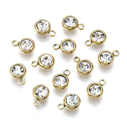 Vacuum Plating 201 Stainless Steel Rhinestone Charms, Birthstone Charms, Flat Round, Real 18K Gold Plated
