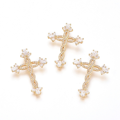 Brass Micro Pave Clear Cubic Zirconia Pendants, Long-Lasting Plated, Cross