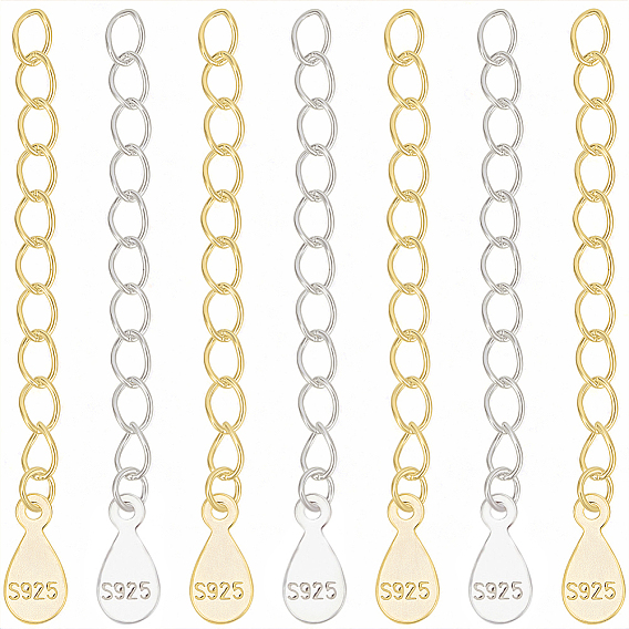 10Pcs 2 Colors 925 Sterling Silver End with Extender Chains and Teardrop Charms, with S925 Stamp, 1Sheet Fabric Silver Polishing Cloth