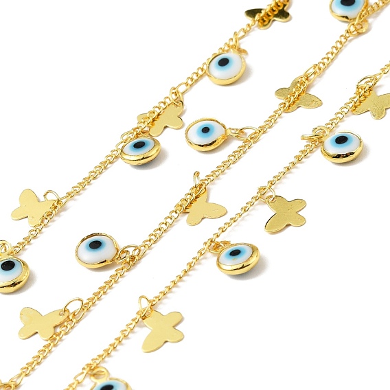 Handmade Brass Curb Chains, with Butterfly & Glass Evil Eye Charm, Long-Lasting Plated, Soldered, with Spool, Golden