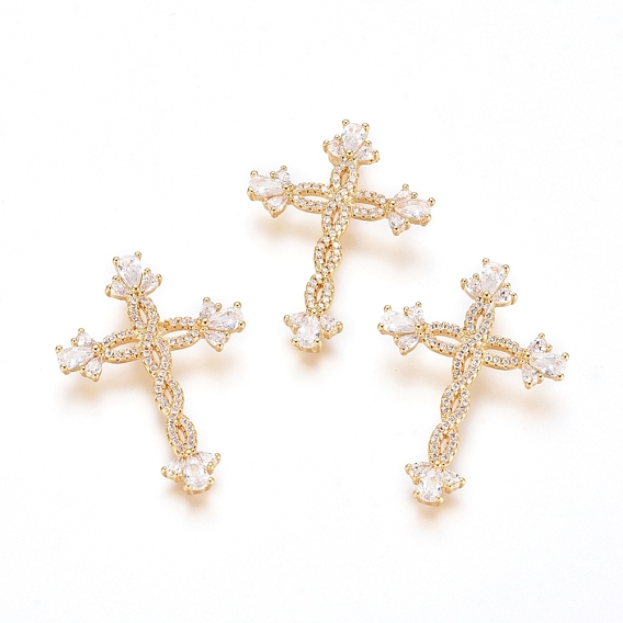 Brass Micro Pave Clear Cubic Zirconia Pendants, Long-Lasting Plated, Cross