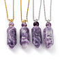 Natural Amethyst Openable Perfume Bottle Pendant Necklaces, with 304 Stainless Steel Box Chains and Plastic Dropper, Bullet