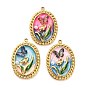 304 нержавеющей стальной эмали подвески, Со смолой и имитацией жемчуга, Овальный с цветком и бабочкой, ионное покрытие (ip), реальный 18 k позолоченный