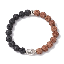 Round Natural Lava Rock & Natural Rudraksha Beaded Stretch Bracelets, Buddha Head Bracelets for Women Men