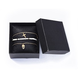Charm Bracelets and Braided Bracelets Sets, Stackable Bracelets, with Stainless Steel Findings, Brass Findings and Glass Beads, Cross and Skull