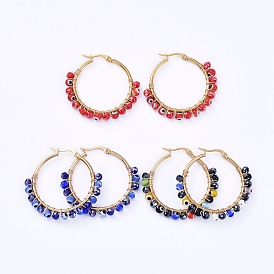 Beaded Big Hoop Earrings, with Evil Eye Lampwork Beads, Glass Beads and Golden Plated 304 Stainless Steel Hoop Earrings