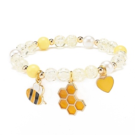 Acrylic Imitation Pearl Stretch Bracelet, Alloy Enamel Bee Heart Charms Bracelet for Women