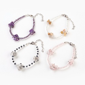 Bracelets de pierres fines naturelles, avec des perles de verre à facettes et des pièces en acier inoxydable 304