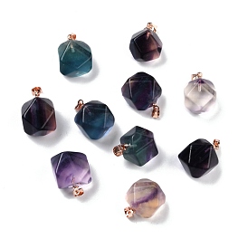 Natural Fluorite Carved Pendants, with Rose Gold Plated Brass Findings, Faceted Polygon