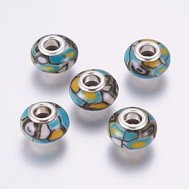 Handmade Polymer Clay European Beads, Large Hole Beads, with Brass Findings, Rondelle with Flower Pattern, Silver Color Plated