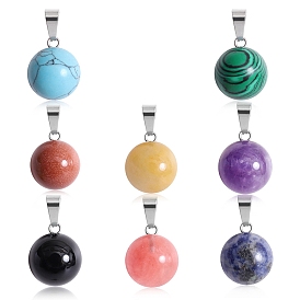 Natural Stone Round Charms with Platinum Plated Metal Snap on Bails