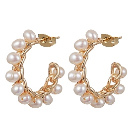 Brass Ring Stud Earrings, Natural Pearl Beaded Half Hoop Earrings