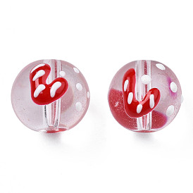 Transparent Glass Enamel Beads, Round with Heart